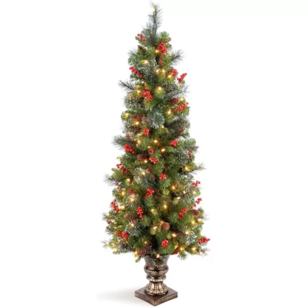 imageNational Tree Company PreLit Artificial Mini Christmas Tree Green Crestwood Spruce White Lights Decorated with Pine Cones Berry Clusters Frosted Branches Includes Pot Base 4 Feet5 ft