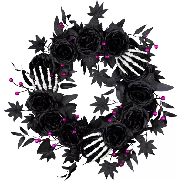 imageNational Tree Company 24inch Artificial Bad to The Bone Halloween Wreath 30 Purple LED Lights Battery Operated