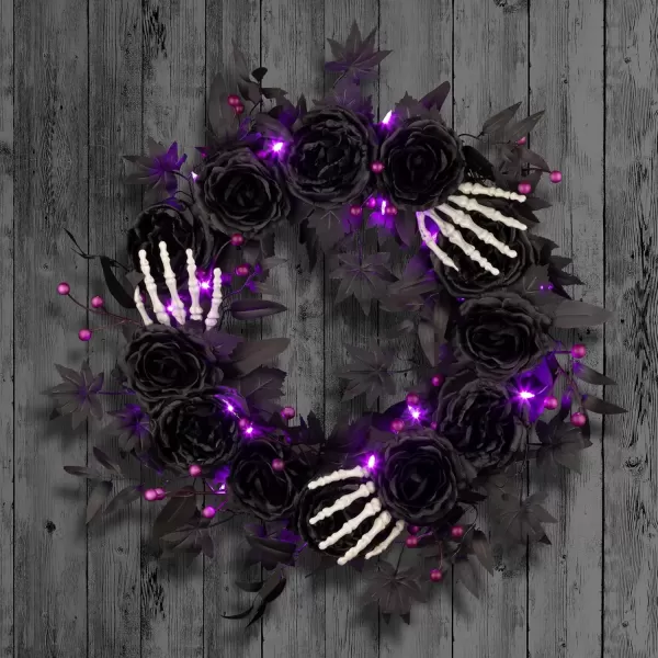 imageNational Tree Company 24inch Artificial Bad to The Bone Halloween Wreath 30 Purple LED Lights Battery Operated