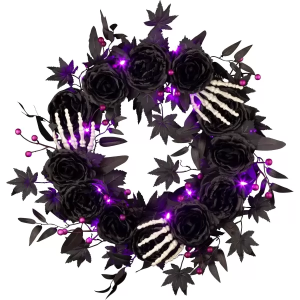 imageNational Tree Company 24inch Artificial Bad to The Bone Halloween Wreath 30 Purple LED Lights Battery Operated