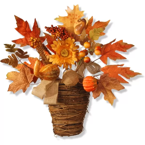 imageNational Tree Company Artificial Flowers in Wicker Basket Decorated with Pumpkins Gourds Berry Clusters Burlap Maple Leaves Autumn Collection 16 in