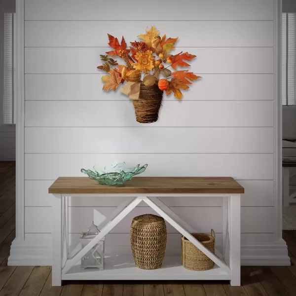 imageNational Tree Company Artificial Flowers in Wicker Basket Decorated with Pumpkins Gourds Berry Clusters Burlap Maple Leaves Autumn Collection 16 in