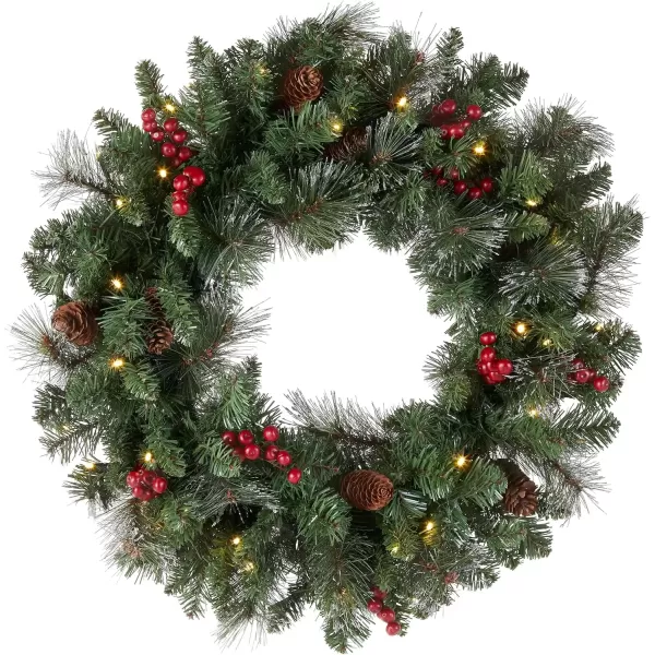 imageNational Tree Company PreLit Artificial Christmas Wreath Green Crestwood Spruce White Lights Decorated with Pine Cones Berry Clusters Frosted Branches Christmas Collection 24 InchesCrestwood Spruce  24 inch