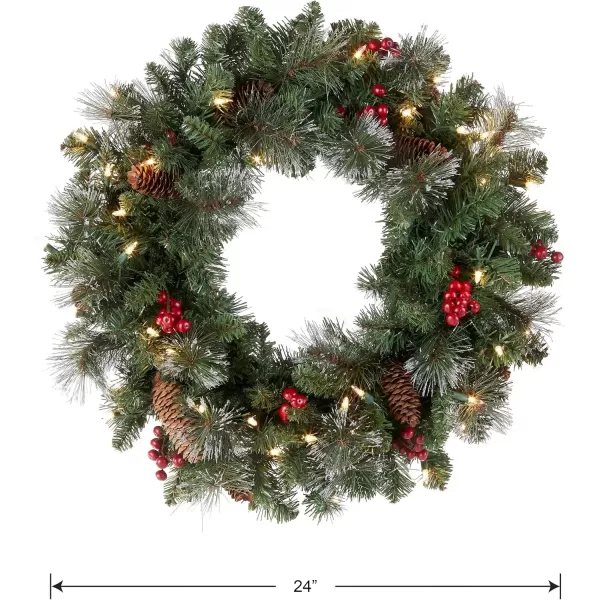 imageNational Tree Company PreLit Artificial Christmas Wreath Green Crestwood Spruce White Lights Decorated with Pine Cones Berry Clusters Frosted Branches Christmas Collection 24 Inches24 in