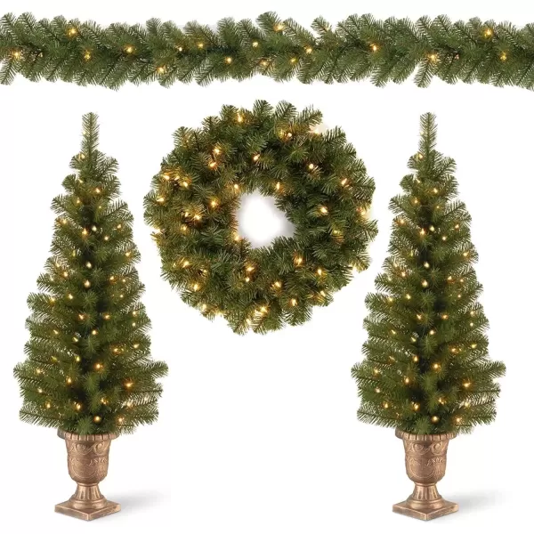 imageNational Tree Company Prelit Artificial Christmas 4Piece Set  Garland Wreath and Set of 2 Entrance Trees