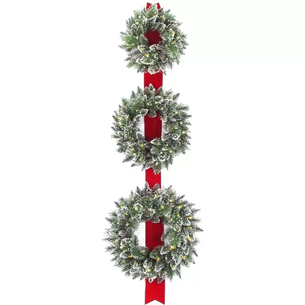 imageNational Tree Company Artificial Christmas Three Wreath Ribbon Door Decoration Green White Lights Decorated with Frosted Branches Christmas Collection 77 Inches