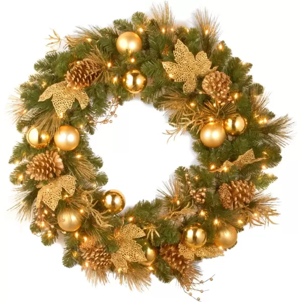 imageNational Tree Company PreLit Artificial Christmas Wreath Green Elegance White Lights Decorated with Pine Cones Berry Clusters Ball Ornaments Christmas Collection 24 Inches24 Inch