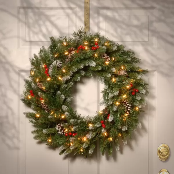 imageNational Tree Company PreLit Artificial Christmas Wreath Green Frosted Berry White Lights Decorated with Pine Cones Berry Clusters Frosted Branches Christmas Collection 30 InchesWhite