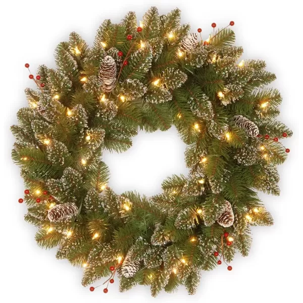 imageNational Tree Company PreLit Artificial Christmas Wreath Green Glittery Mountain Spruce White Lights Decorated with Pine Cones Berry Clusters Frosted Branches Christmas Collection 24 Inches