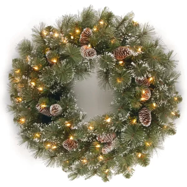 imageNational Tree Company PreLit Artificial Christmas Wreath Green Glittery Pine White Lights Decorated with Pine Cones Frosted Branches Christmas Collection 24 Inches