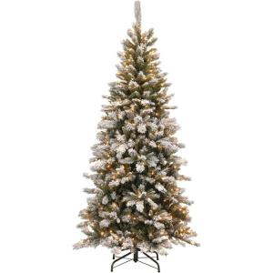 imageNational Tree Company lit Artificial Christmas Tree  Includes PreStrung White Lights and Stand  Snowy Mountain Pine Slim75 ft