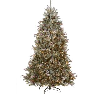 imageNational Tree Company PreLit Artificial Full Christmas Tree Green Dunhill Fir White Lights Decorated with Pine Cones Berry Clusters Frosted Branches Includes Stand 7 Feet7ft