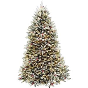 imageNational Tree Company PreLit Artificial Full Christmas Tree Green Dunhill Fir White Lights Decorated with Pine Cones Berry Clusters Frosted Branches Includes Stand 7 Feet7ft 6in