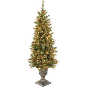 imageNational Tree Company Prelit Artificial Christmas Tree For Entrances Flocked with Cones and Gold Berries  Includes Prestrung White Lights  Glittery Gold Pine  4ft