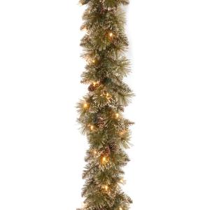 imageNational Tree Company PreLit Artificial Christmas Garland Green Glittery Bristle Pine White Lights Decorated with Pine Cones Battery Operated Christmas Collection 6 Feet