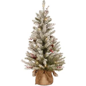 imageNational Tree Company PreLit Artificial Mini Christmas Tree Green Dunhill Fir White Lights Decorated with Pine Cones Berry Clusters Frosted Branches Includes Cloth Bag Base 3 Feet