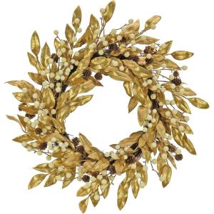 imageHGTV Home Collection Unlit Artificial Christmas Wreath Metallic Gold Laurel Leaves Woven Branch Ring Base Unlit 24 Inches