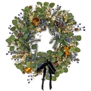 imageHGTV Home Collection Unlit Swiss Chic Artificial Wreath with Pinecones Berries Bells and Woven Branch Ring Base Unlit HGTV Home Collection Blue 28in