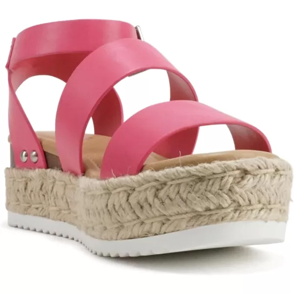 Soda Top Shoe Bryce Open Toe Buckle Ankle Strap Espadrilles Flatform Wedge Casual SandaHot Pink Pu