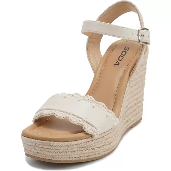 Soda Virtual  Women Square Toe Woven Single Band Espadrille Wedge Sandal with Adjustable Ankle StrapBone Pu