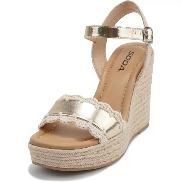 Soda Virtual  Women Square Toe Woven Single Band Espadrille Wedge Sandal with Adjustable Ankle StrapGold