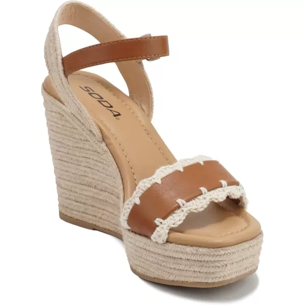 Soda Virtual  Women Square Toe Woven Single Band Espadrille Wedge Sandal with Adjustable Ankle StrapTan Pu