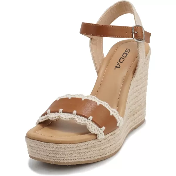 Soda Virtual  Women Square Toe Woven Single Band Espadrille Wedge Sandal with Adjustable Ankle StrapTan Pu