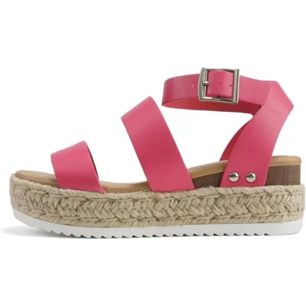 Soda Top Shoe Bryce Open Toe Buckle Ankle Strap Espadrilles Flatform Wedge Casual SandaHot Pink Pu