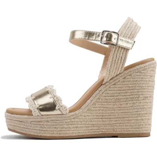 Soda Virtual  Women Square Toe Woven Single Band Espadrille Wedge Sandal with Adjustable Ankle StrapGold