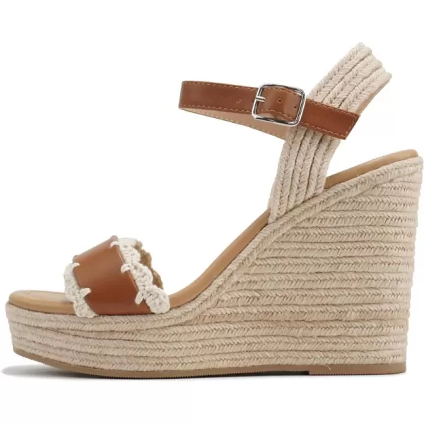 Soda Virtual  Women Square Toe Woven Single Band Espadrille Wedge Sandal with Adjustable Ankle StrapTan Pu