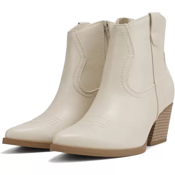 Soda ABEAM  Women Pointed Toe Medium Heel Ankle Shaft Western Boot Bootie with Side ZipperOff White Pu