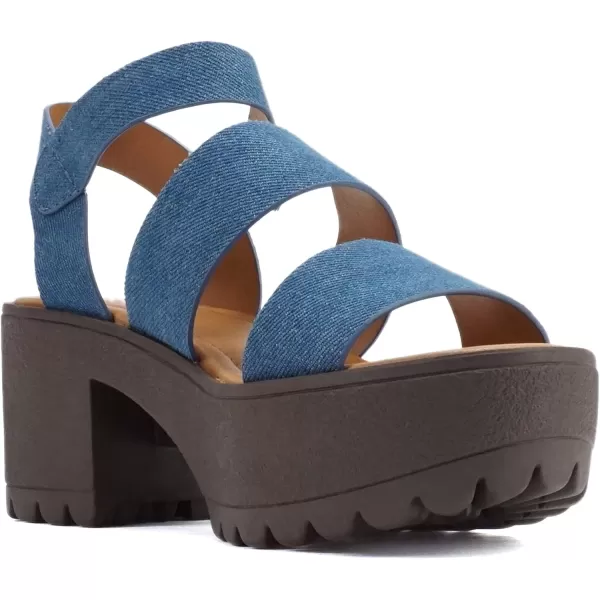 Soda ACCOUNT  Women Open Toe Two Bands Lug sole Fashion Block Heel Sandals with Adjustable Ankle StrapDenim Blue