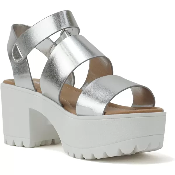 Soda ACCOUNT  Women Open Toe Two Bands Lug sole Fashion Block Heel Sandals with Adjustable Ankle StrapSilver Metallic