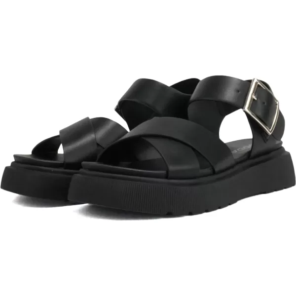 Soda Carter  Women Open Round Toe Crisscross Upper Lug Sole Platform Sandal with Adjustable Ankle StrapAll Black