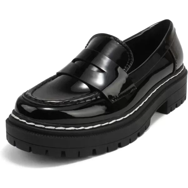 Soda Eureka  Women Slip On Platform Penny Loafer Lug Sole with Stitched DetailBlack Patent