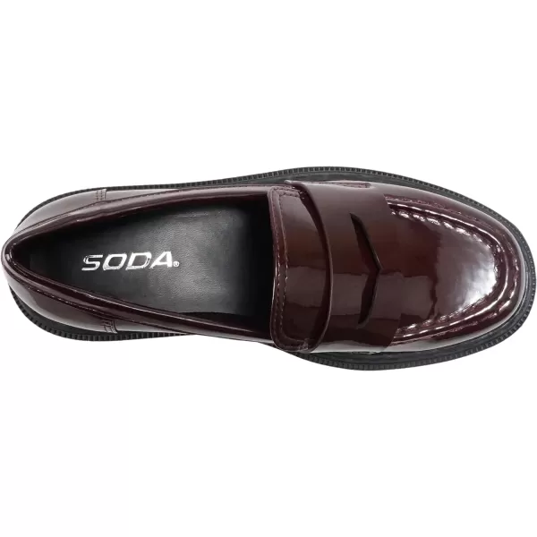 Soda Eureka  Women Slip On Platform Penny Loafer Lug Sole with Stitched DetailDark Burgundy Patent