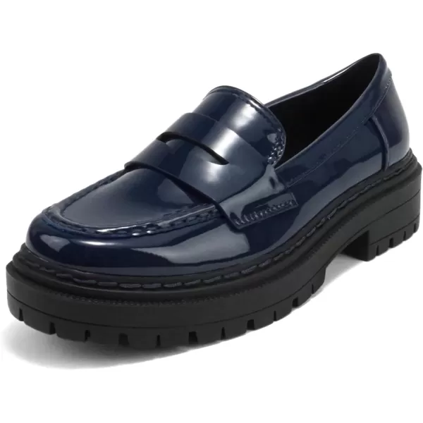 Soda Eureka  Women Slip On Platform Penny Loafer Lug Sole with Stitched DetailNavy Patent