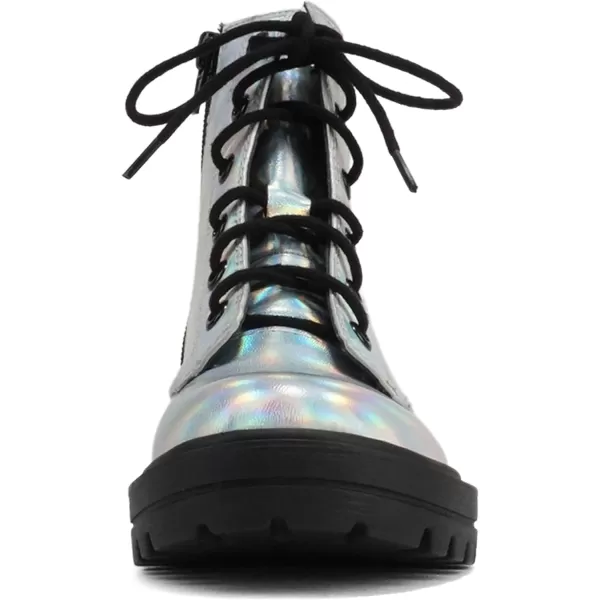 Soda FirmIIS Girls Lace Up Side Zipper Vegan Leather Lug Sole Combat BootsSilver Iridescent