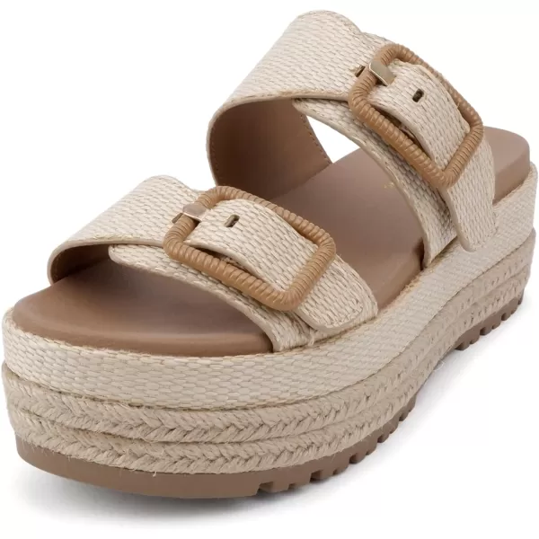 Soda Funny  Women Round Toe Double Buckle Strap SlipOn Platform Wedge SandalNatural Raffia