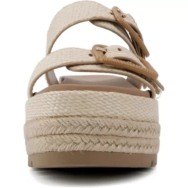 Soda Funny  Women Round Toe Double Buckle Strap SlipOn Platform Wedge SandalNatural Raffia