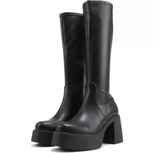 Soda JEZZI  Women Square Toe Medium Chunky Heel Platform MidCalf Boot with Side ZipperBlack Pu