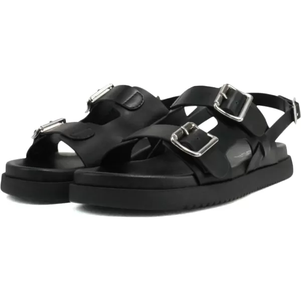 Soda Koala  Women Open Toe Double Buckle Strap Platform Sandal with Adjustable Ankle StrapBlack Pu