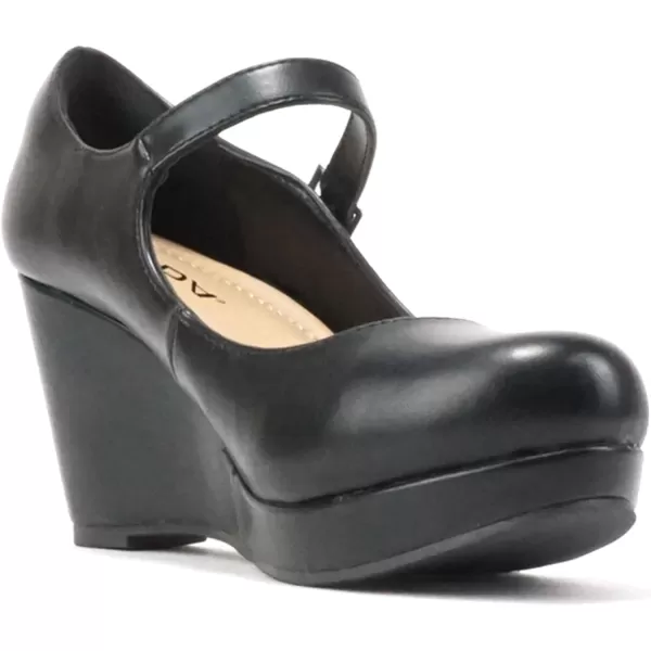 Soda Merry  Womens Mary Jane Strap Comfortable Platform Wedge Pump Heel ShoesBlack Pu