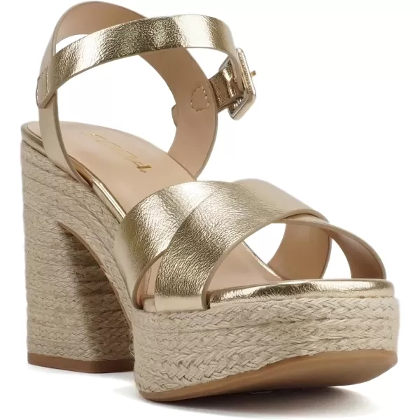 Soda NOBLE  Women Open Square Toe Crisscross Band Ankle Strap High Heel Espadrille Notch Wedge SandalGold Metallic Pu