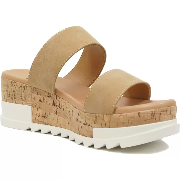 Soda Poppin  Slip On Flatform with Inmitation Cork Bottom and Double StrapsCamel