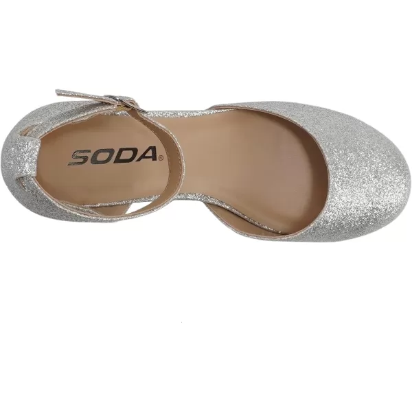 Soda Roby2  Little KidsChildrenGirls Round Closed Toe Closed Back Counter Open Side Ankle Strap Low Block Heel Pump ShoeSilver Glitter