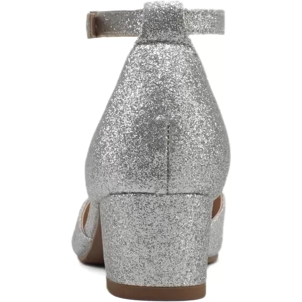 Soda Roby2  Little KidsChildrenGirls Round Closed Toe Closed Back Counter Open Side Ankle Strap Low Block Heel Pump ShoeSilver Glitter