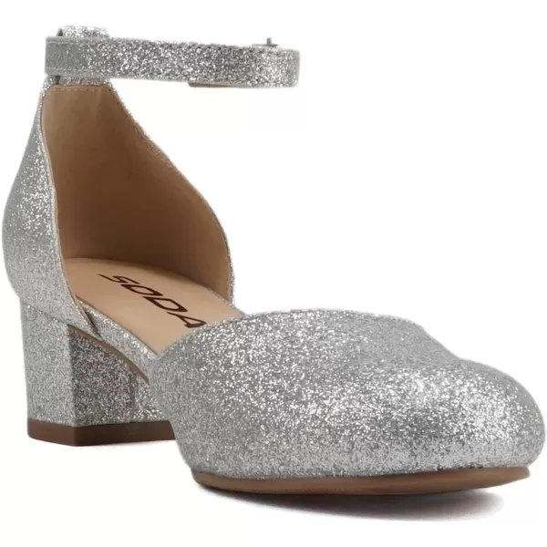 Soda Roby2  Little KidsChildrenGirls Round Closed Toe Closed Back Counter Open Side Ankle Strap Low Block Heel Pump ShoeSilver Glitter