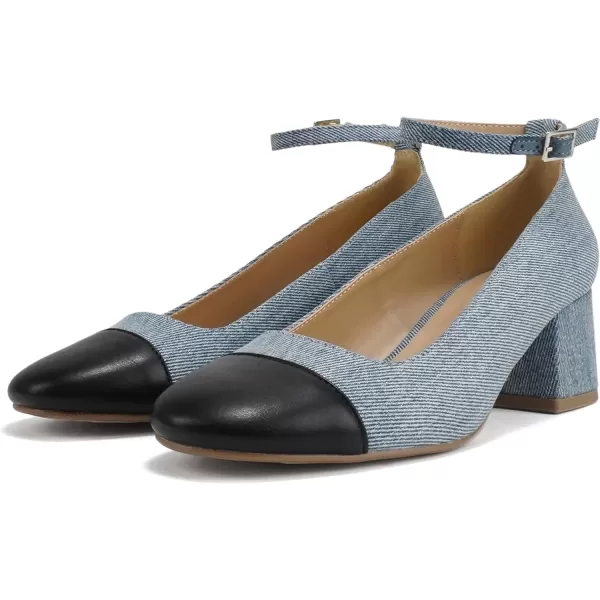 Soda Roxana  Women Round Cap Toe Low Block Heel Pump Shoe with Adjustable Ankle StrapDenim BlueBlack