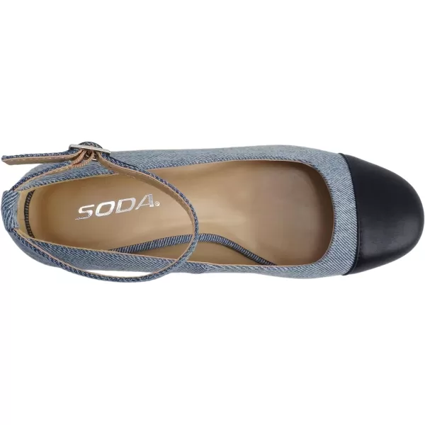 Soda Roxana  Women Round Cap Toe Low Block Heel Pump Shoe with Adjustable Ankle StrapDenim BlueBlack